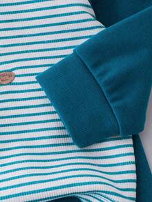 2 Stücke/Set Kleinkinder Jungen Lässig Outfit, süßes Bären Muster gestreifter Splice Ohr Design Langarm Top kombiniert mit braunen Bundfalten Hosen, bequeme Alltagskleidung