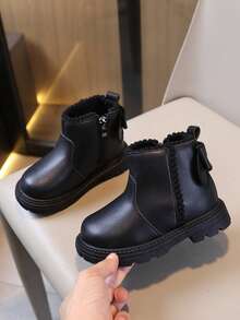 Nuevas botas de tobillo suave para niños de otoño/invierno, diseño con lazo, cremallera lateral antideslizante, botas cortas versátiles para niñas pequeñas - Negro - Ver 4