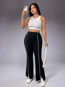 1pc Women's Plus Size High Waist Elastic Waistband Casual Slim Fit Multi-Function Cycling Pants With Splicing Ribbon And Slit Design - Black - View 10
