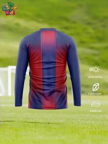 1pc CTiger Kids Long - Sleeve Barcelona Football Training Top - Personalized Name & Number Printing (Front/Back) - Red & Blue Striped Design - Quick - Dry Breathable - Ideal For Soccer, Sports & Casual Use, Halloween, Thanksgiving, Christmas And New Year Gifts