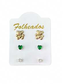 Kit 3 Pairs Of Small Gold Plated Earrings For First, Second And Third Holes, Various Models, Rhinestone Stones - 型號05 - 查看 1