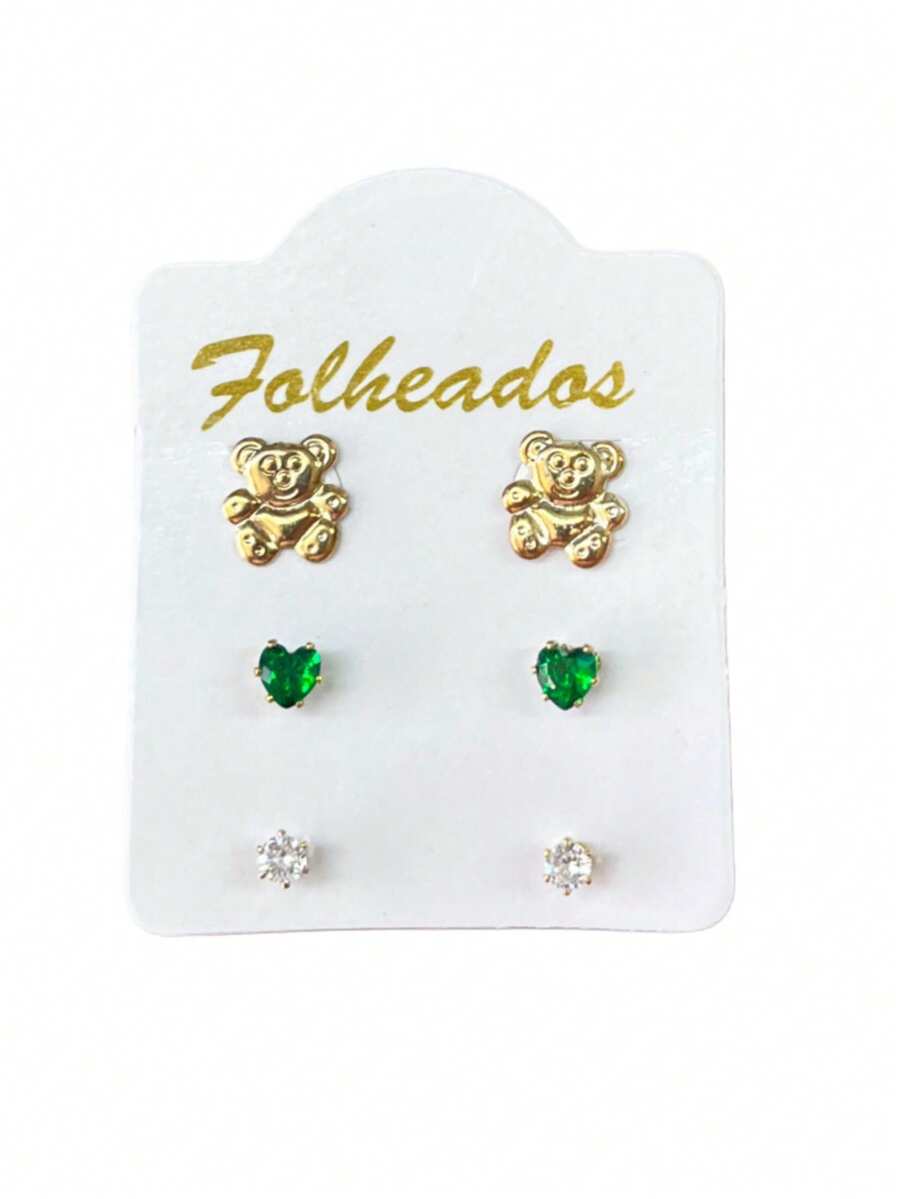 Kit 3 Pairs Of Small Gold Plated Earrings For First, Second And Third Holes, Various Models, Rhinestone Stones - 型號05 - 查看 1