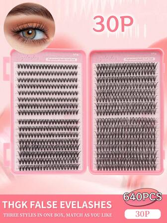 640 件独立睫毛延长套装，D 卷曲 30D 8-16 毫米，自然外观、超浓密、智能、超柔软、超轻可重复使用独立段假睫毛延长套装，适合初学者日常生活、婚礼、约会、派对、音乐节、万圣节使用，大容量睫毛簇 D 卷曲独立睫毛延长套装，大容量睫毛延长套装 640 件 DIY 睫毛延长套装