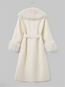 Glamful Elegant Chic Minimalist Business Commute Women's Coat, Solid Color Waist Belt Faux Fur Patchwork Long Coat, Winter Outerwear For Women, New Year Clothes - Apricot - View 8