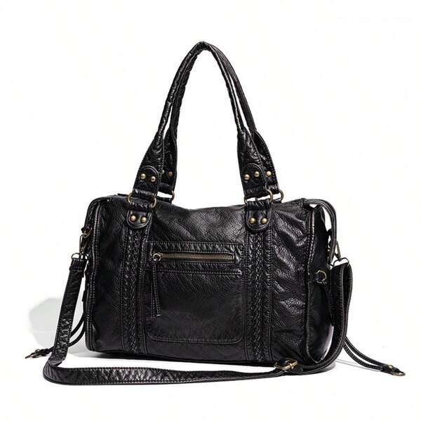 Black Distressed Leather Boston Duffel Bag, Woven Rivet Retro Motorcycle Messenger Bag, Adjustable Drawstring Large Capacity Tote, 37cm Work & Travel Bag, Anti-Theft Zipper Pocket For Urban Style