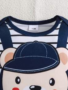 1pc Cute Bear Design Baby Jumpsuit With Baseball Cap - Blue - View 3