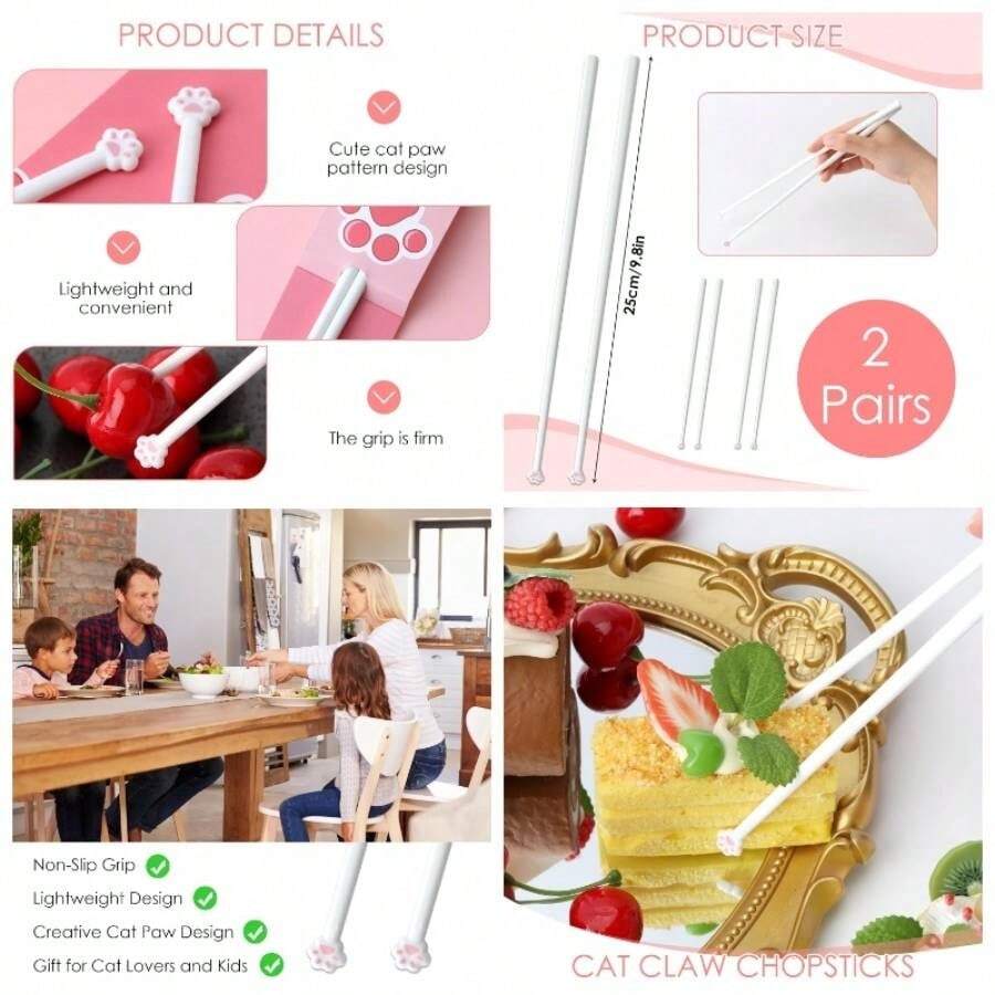 - 2 pares de palillos de pata de gato para adultos, diseo de pata de gatito rosa con puntas antideslizantes reutilizables, juego de utensilios ligeros y resistentes, encantador regalo para - Blanco - Ver 1