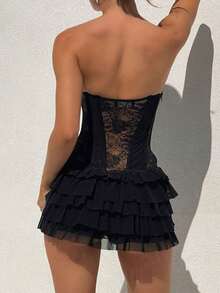 Women Corset Lace Mini Dress Off The Shoulder Bustier Short Dresses Layered Ruffle Lace Hem Party Club Dress - màu đen - Xem 4