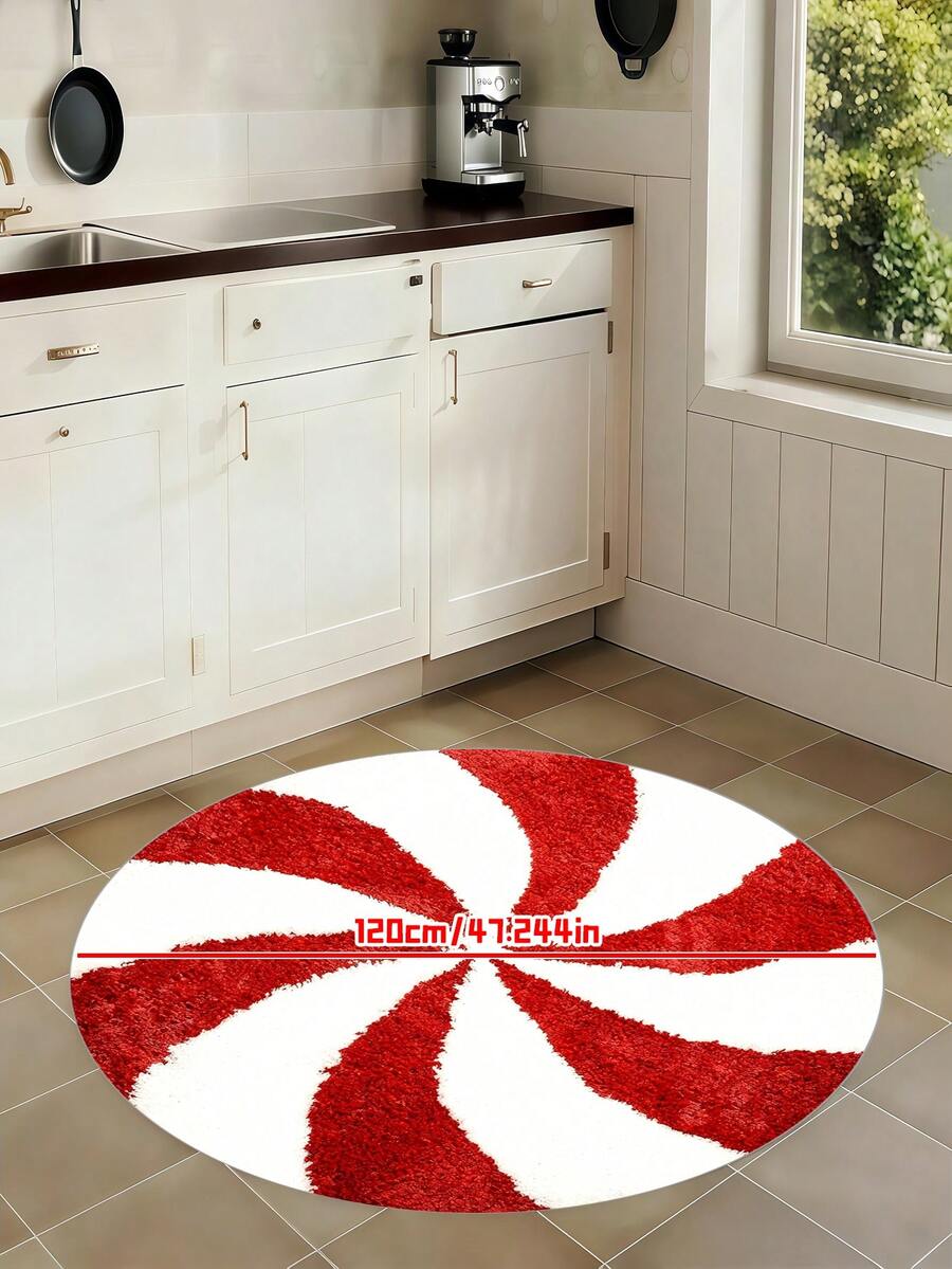 Alfombra de baño redonda con tema navideño - Lavable, antideslizante y absorbente con diseño de caramelos rojos y blancos, adecuada para decoración de baño, sala de estar y dormitorio - Multicolor - Ver 1