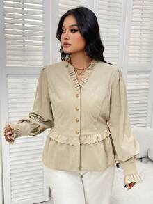 Plus Size Women Ruffle Patchwork Metal Button Front Long Sleeve Corduroy Jacket Coat, Autumn/Winter - Light Khaki - View 1
