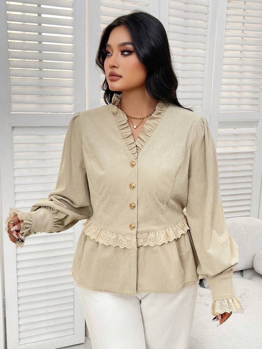 Plus Size Women Ruffle Patchwork Metal Button Front Long Sleeve Corduroy Jacket Coat, Autumn/Winter - Light Khaki - View 1