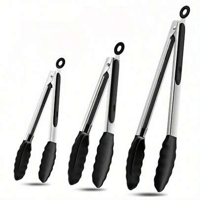 Stainless Steel Heat Resistant Kitchen Tongs, Suitable For Cooking & Grilling, With Non-Scratch Silicone Grip Heads, Strong Holding Power To Grab Food, Toss Salad, Also Usable For Air Fryer, With Locking Design