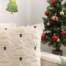 1pc Christmas Tree Pillow Cover, Square Pillow Sham With Christmas Theme, Suitable For Home Decor In Living Room, Bedroom, Sofa, All Seasons - Beige - View 4