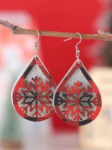 1 par de pendientes de mujer navideños, pendientes vintage de invierno con copo de nieve de cuadros rojos y negros con purpurina, colgante de gota de agua hueco, pendientes de doble capa de PU brillante, regalo para fiesta