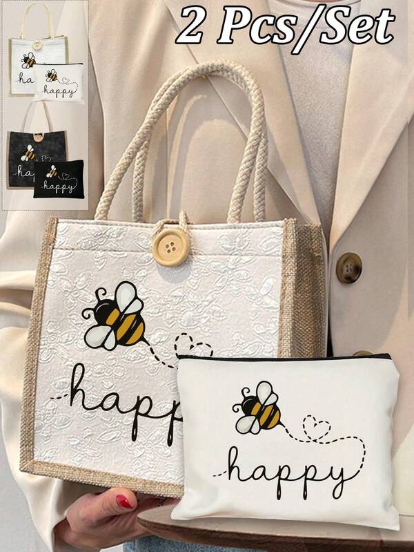 Cute Bee "Happy" Print Tote Bag Set Features Large Floral Embellishments, Spacious Shoulder Bag With Portable Cosmetics Pouch, Lightweight Shopping Bag With Mini Coin Purse, And Travel Cosmetics Bag: Perfect For Outdoor Beauty! Great Gift For Moms, Teachers, Friends, As A Portable Casual Storage Bag