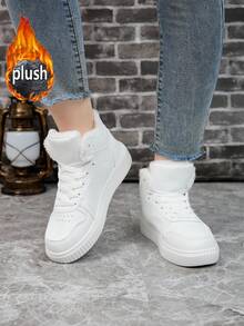 情侣鞋 尺码 36-45，女士时尚运动鞋 PU 皮革休闲系带平底鞋，男士高帮纯色运动鞋/滑板鞋，白色低帮网球鞋，时尚日常休闲白鞋，女士白色帆布平底鞋，男士保暖棉质鞋，女士踝靴 - 白色 - 查看 6