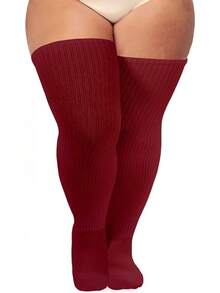 Plus Size Thigh High Socks For Women Thick Thighs Cotton Knit Extra Long Over The Knee Leg WarmerHalloween Christmas New Year - 酒紅色 - 查看 12