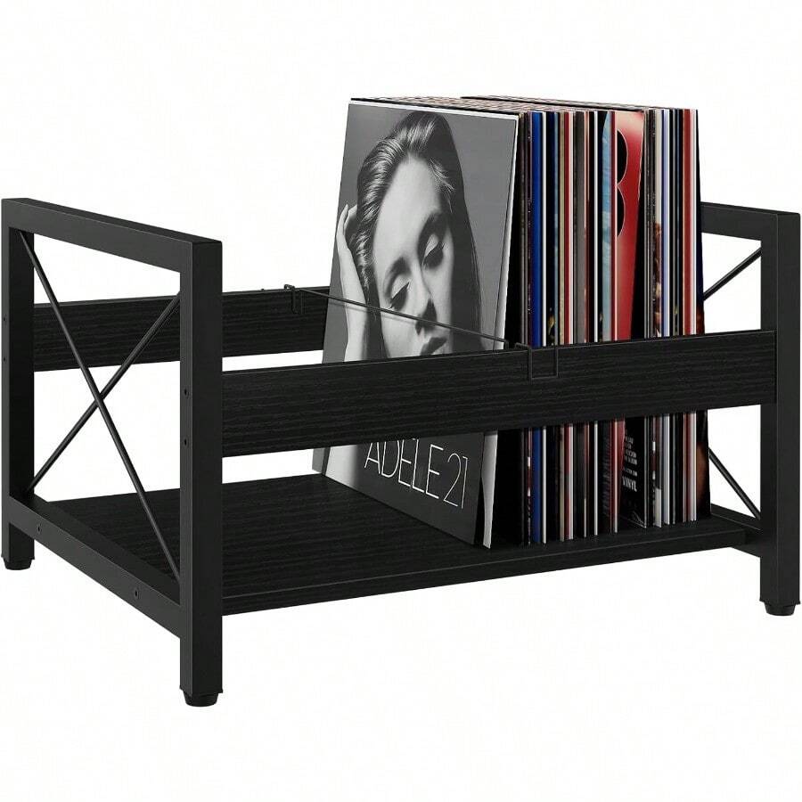 ELITEROO Vinyl Record Holder Wooden Record Crate Fits 7 12 Records Vinyl Shelf Holds Up To 50100 Albums DVDs CDs Or Files Wood Book Storage Stand Desktop Organizer Box Rustic Brown - 黑色 - 查看 1