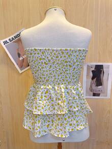 Cropped Top With Strapless Ruffled Print - Màu vàng - Xem 2