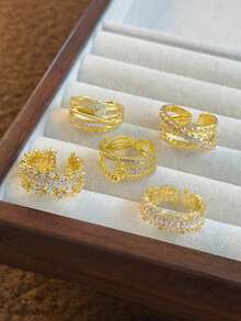 5pcs Fashion Cubic Zirconia Open Copper Rings Set, Suitable For Women's Wedding, Party, Holiday Gift (Gift Box Not Included) - Yellow Gold - View 3