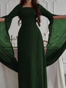 优雅时尚披肩袖宫廷风修身连衣裙，适合毕业典礼、婚礼等场合，高端优雅长袖斗篷式性感修身优雅长袖连衣裙，春季必备 - 墨綠色 - 查看 6