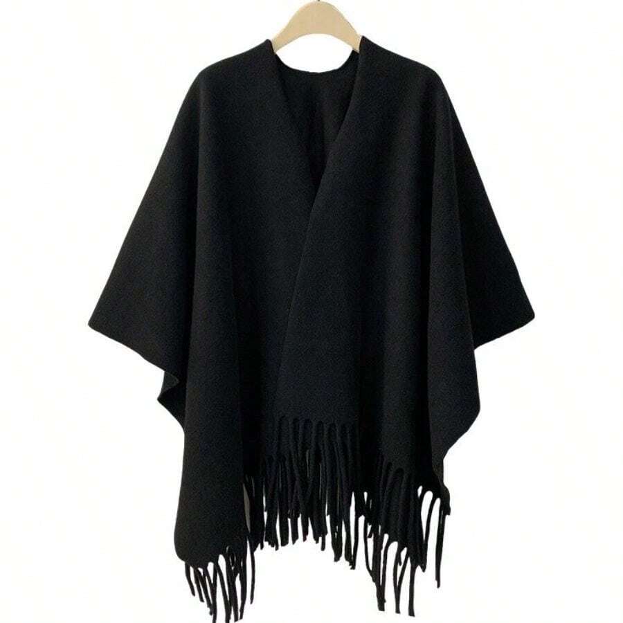 Women's Oversized Fringe Poncho Shawl Wrap Office Air-Conditioned Room Shawl Outer Wear Women's Four Seasons Cloak Travel Wear Cloak Airplane Blanket In Various Colors - 黑色 - 查看 1