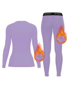 女士羊毛保暖内衣套装、舒适打底衫、适合户外活动的保暖紧身裤、滑雪、长袖圆领上衣和裤子套装、瑜伽服 - 淡紫色 - 查看 2