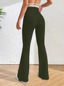 PETITE Solid High Rise Flared Straight Leg Pants - Olive Green - View 2