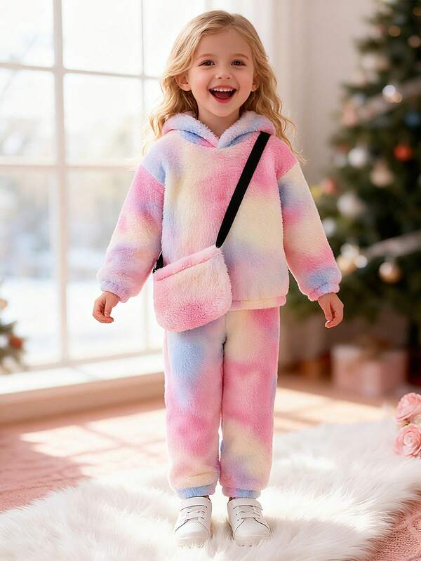 3pcs Young Girl Girls Plush Sweatshirt, Pants And Crossbody Bag Set, Tie-Dye Plush Fabric