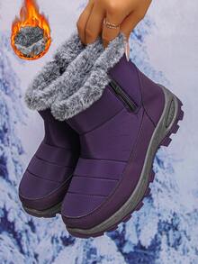 Winter New Plus Size 36-43 Men & Women Plush Thick Warm Shoes, Anti-Slip Durable High-Top Leather Waterproof Fashion Thick-Sole Wedge Flat Snow Boots - Purple - View 6