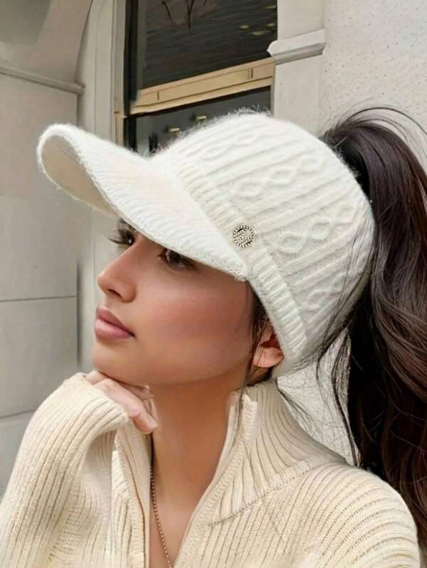 1 Women's Winter Knitted Hat With Lining, Flat Top, Knitted Structure, Breathable Women's Beret - Foldable Design, Suitable For All Seasons, Striped Craftsmanship, Non Elastic, Festival Theme