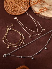 1 Stück elegante achteckige Stern-Set Zirkonia Gold Silber Damenkette, 18K vergoldet, geeignet für Alltag und Party, kann als Geschenk für Ehefrauen, Mütter, Freundinnen verwendet werden, Damenschmuck, Damenmode-Accessoires, Zirkonia Armband, vergoldeter Schmuck