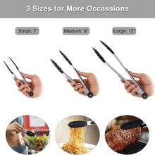 Pinzas de cocina resistentes al calor de acero inoxidable, aptas para cocinar y asar a la parrilla, con cabezales de agarre de silicona antiarañazos, gran poder de sujeción para agarrar alimentos, revolver ensaladas, también utilizables para freidora de aire, con diseño de bloqueo - Negro - Ver 10
