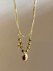 Collar con colgante de cuentas de piedra marrón vintage, con cadena de metal dorado de doble capa y múltiples cadenas, ideal para usar con suéteres en otoño e invierno, regalo de joyería para mujeres