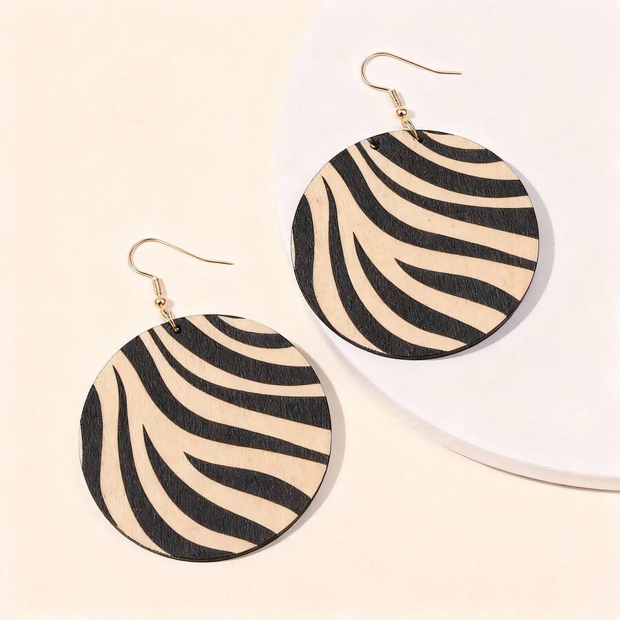 1对女士夸张大号时尚豹纹木质吊坠耳环 - 多色-4 - 查看 1