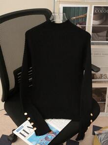 Women's Khaki Turtleneck Sweater, Metal Button Decor, Warm Knit Top For Layering, Suitable For Commuting And Daily Wear, Autumn/Winter - Black - View 5