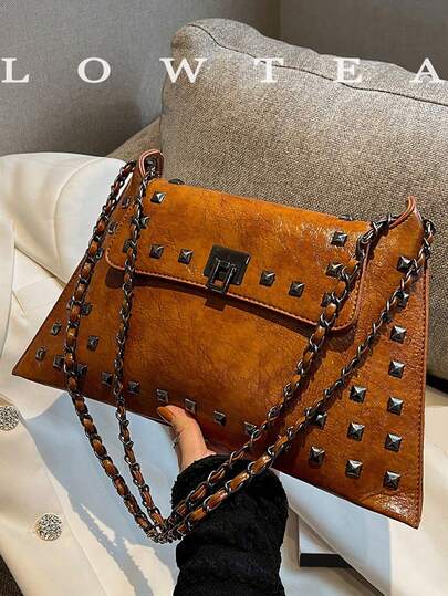 low tea 1 pieza Bolso de hombro de unicolor de PU con cierre de bloqueo retorcido, adecuado para compras, citas, regalo de mujer, oficina, escuela, trabajo, negocios