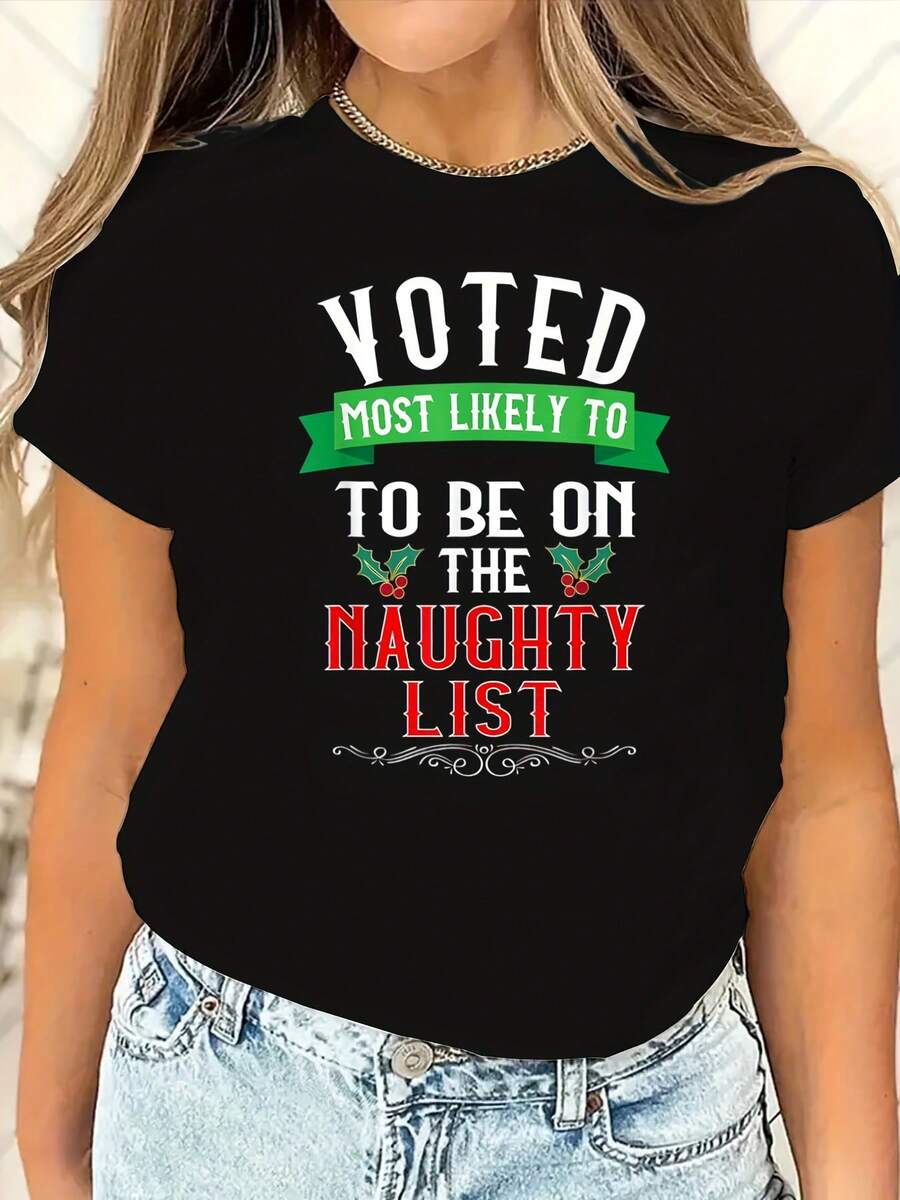 Women's T-Shirt Most Likely To Top, Geometric Pattern, Machine Washable, Suitable For All Seasons, All Day Comfort - Black - View 1