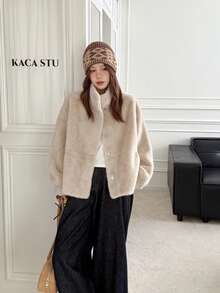 女士纯色仿毛皮高领外套，时尚休闲奢华秋冬女士大衣