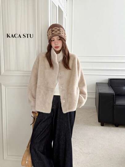 女士纯色仿毛皮高领外套，时尚休闲奢华秋冬女士大衣