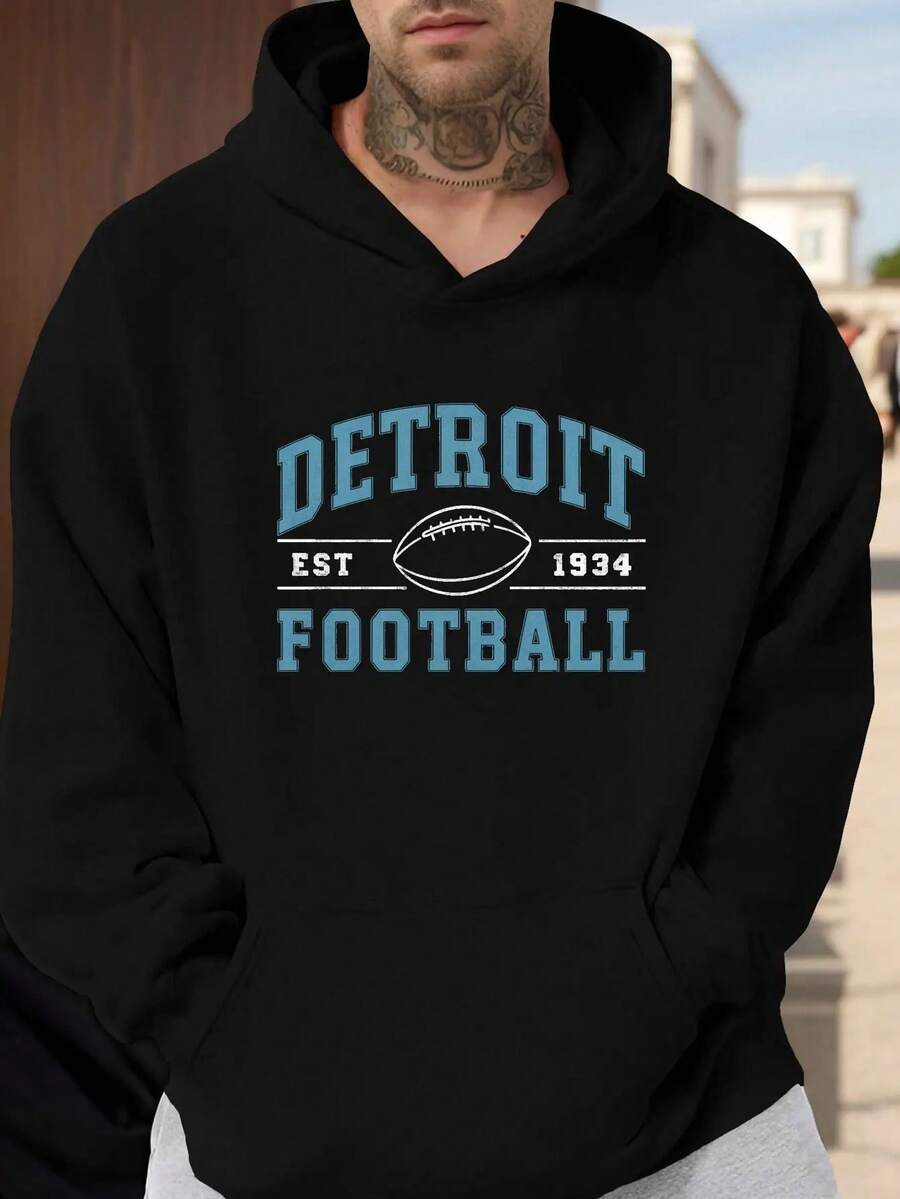 Detroit 1934 - Sudadera con capucha oversize para hombres | Cómoda y casual sudadera de poliéster con bolsillo canguro, lavable a máquina, oversize - Negro - Ver 1