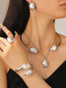 1/6件套欧美风不对称仿珍珠手链、戒指、项链、耳环首饰套装，浪漫优雅女士首饰礼品，适合日常、派对、婚礼等场合。 - 銀色 - 查看 11