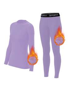 女士羊毛保暖内衣套装、舒适打底衫、适合户外活动的保暖紧身裤、滑雪、长袖圆领上衣和裤子套装、瑜伽服 - 淡紫色 - 查看 3