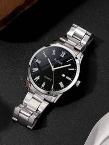 2pcs Simple And Casual Men's Quartz Watch Set, And Cool Silver-Toned Metal Watch With Matching Bracelet, Featuring A Silver-Toned Metal Strap Paired With A Cuban Chain Bracelet.