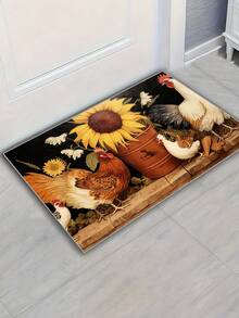 1 szt. Urocza mata kuchenna w stylu wiejskim – wzór kurczaka i słonecznika, zmywalny dywanik wejściowy, odpowiedni do kuchni, jadalni, wystroju wnętrz, wnętrz, dekoracji wiosennych – miękki, antypoślizgowy, łatwy do czyszczenia, trwały, wielofunkcyjny dywanik do miejsc o dużym natężeniu ruchu