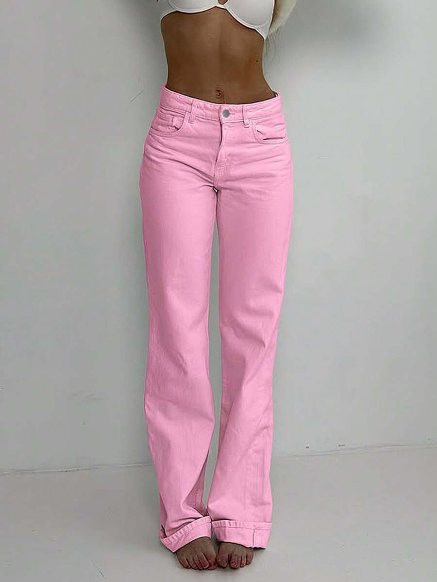 Women's Mid-Rise Cuffed Casual Straight Leg Jeans, Loose Fit For Daily Street Style And Weekend Casual Wear - Women's Spring Clothing