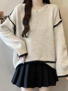 New Loose Fit Criss-Cross Color Block Pullover Sweater For Women, Slimming Effect - Apricot - View 1