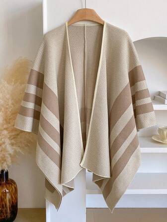 1pc Minimalist Striped Knit Shawl/Poncho For Women, Fashion Versatile Blanket Scarf For Air-Conditioned Room, Autumn/Winter Warm Cardigan Outerwear