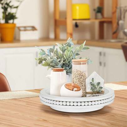 Farmhouse Countertop Organizer - Lazy Susan Turntable With Beads, 360 Degrees Rotating Display Stand For Spice Racks, Centerpiece Tray