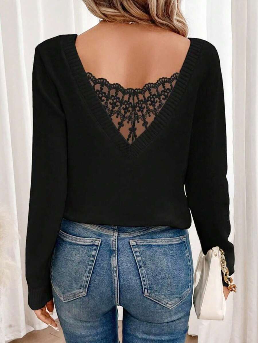 Pulover de damă cu mânecă lungă și decolteu în V, culoare uni, cu dantelă la spate, sexy și elegant, pentru serviciu și ținute casual, primăvară/toamnă/iarnă - Negru - Vizualizare 1